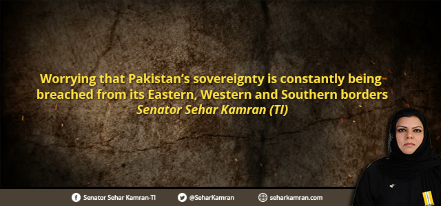 Worrying that Pakistan’s sovereignty is constantly being breached from its Eastern, Western and Southern borders: Senator Sehar Kamran (TI)