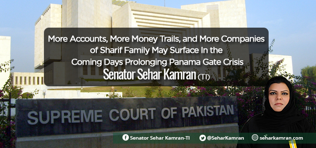 More Accounts, More Money Trails, and More Companies of Sharif Family May Surface In the Coming Days Prolonging Panama Gate Crisis: Senator Sehar Kamran (TI))