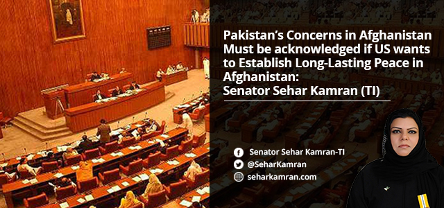 Pakistan’s Concerns in Afghanistan Must be acknowledged if US wants to Establish Long-Lasting Peace in Afghanistan: Senator Sehar Kamran (TI)