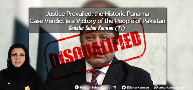 “Justice Prevailed, the Historic Panama Case Verdict is a Victory of the People of Pakistan: Senator Sehar Kamran (TI)”