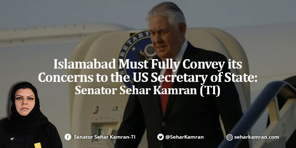 Islamabad Must Fully Convey its Concerns to the US Secretary of State: Senator Sehar Kamran (TI)